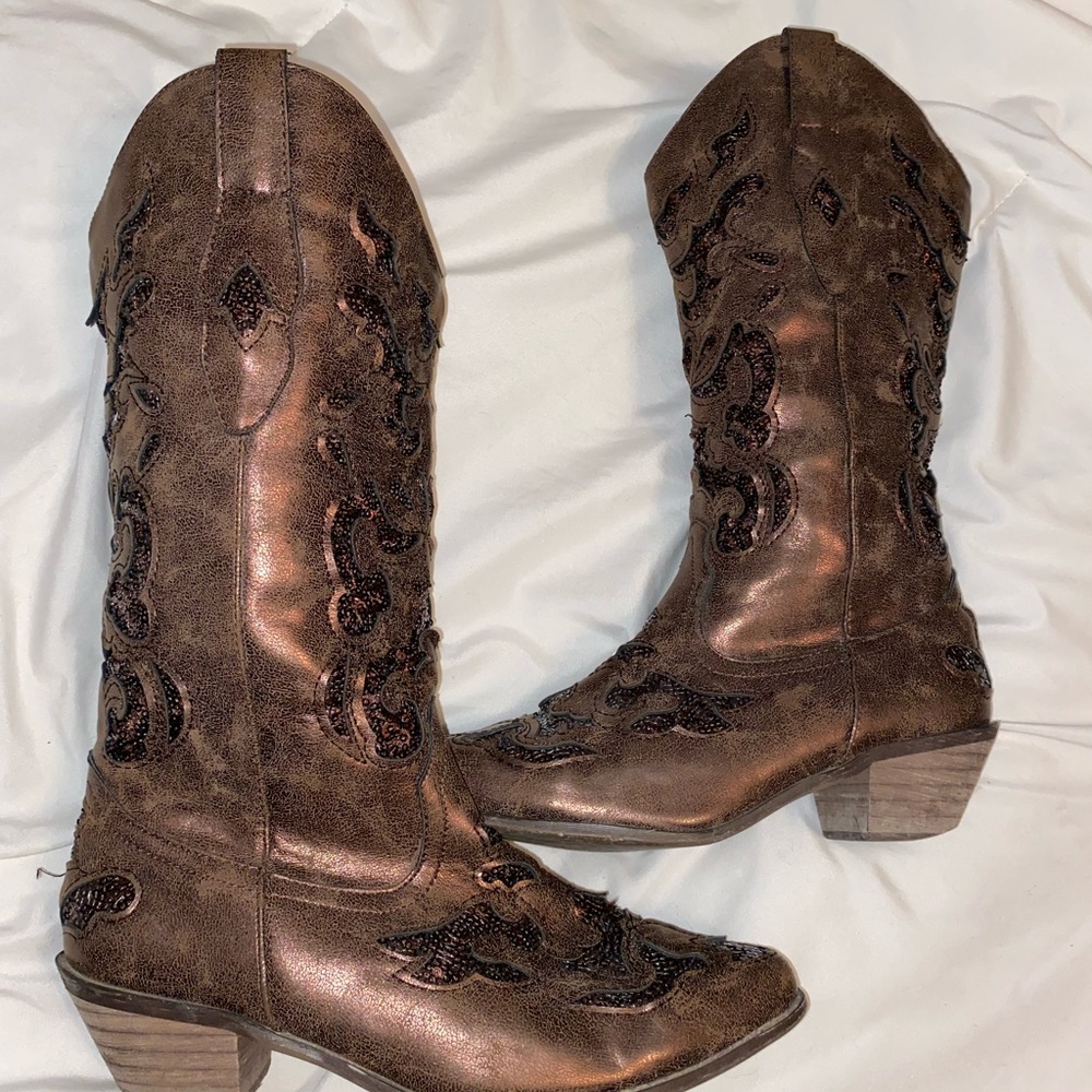 Via Veneto Cowboy Boots Brown Bronze Sequin Country Heeled Size 7